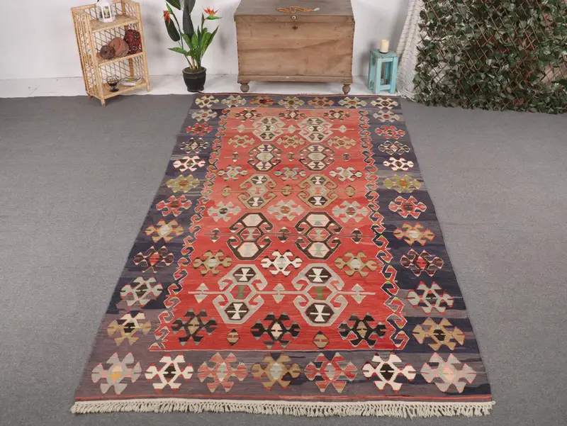 Vibrant Orange & Blue Rug, 5.7x10.5 ft Botanical Design