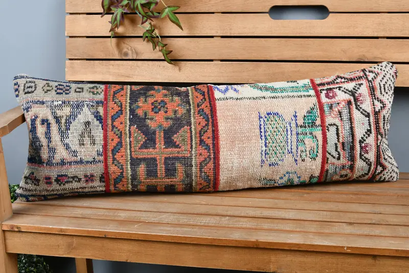Turkish Kilim Pillow, Home Decor Pillow, Vintage Kilim Throw Pillow, 12x36 Beige Pillow Cover, Pillow Sham, Outdoor Throw Cushion Case - 1