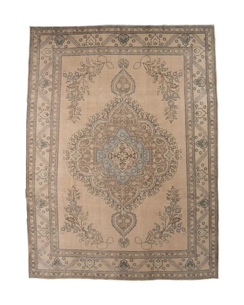Zarif Kahverengi Halı, 9,4x12,9 ft Bej Bordürlü Tasarım