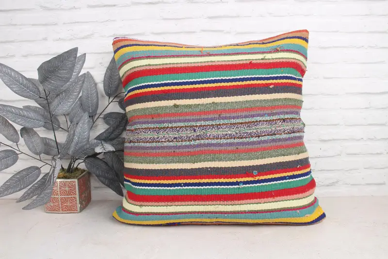 Pillow Cover, Vintage Cushion, Vintage Pillow, Vintage Kilim Throw Pillow, Living Room Throw Cushion, Kilim Pillow, 24x24 Green Pillow Sham - 1