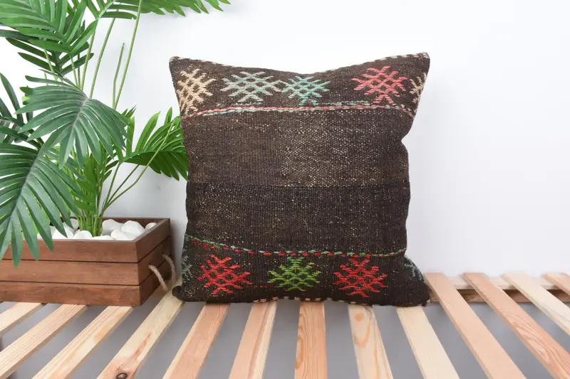 Brown & Beige Embroidered Southwestern Pillow, Vintage Throw Pillow