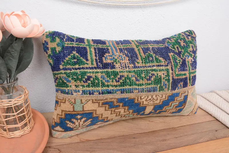 Almohada de lanzamiento de patchwork azul y verde, cojín hecho a mano de 12x20