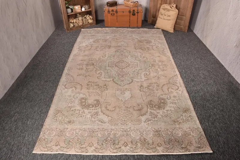 6.8x12 ft Vintage Oversize Rug, Turkish Green Geometric Rug - 1