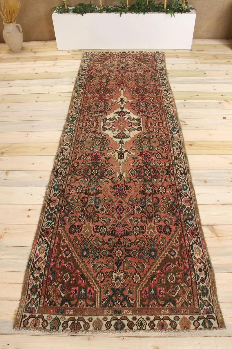 手作りオレンジラグ、オリエンタルパターン 0.3x9.4フィート