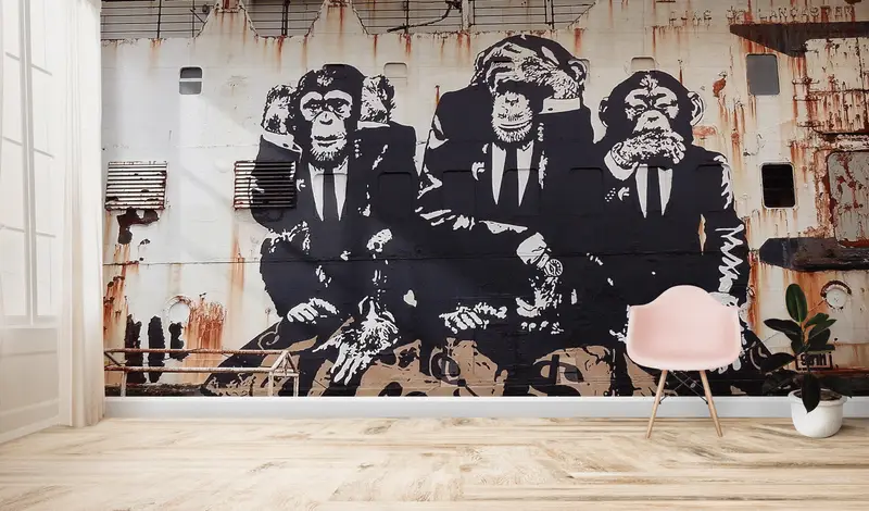 Papel pintado elegante con estampado de graffiti del mono Banksy para espacios modernos