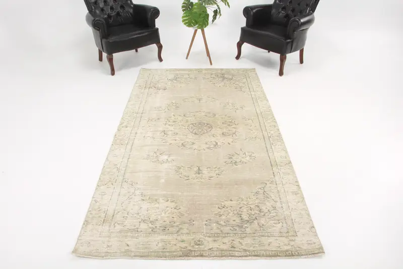 4.7x8.7 ft Türk Büyük Halı, Bej Yeşil Vintage Oryantal Yün Halı - 1