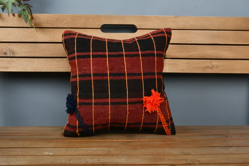 Nautical Throw Cushion, Pillow Cover, Decorative Bolster Pillow, Kilim Pillow Cover, 16x16 Red Pillow, Pillow for Couch, Kilim Pillow - 6