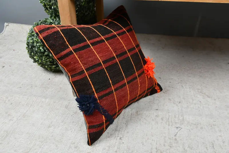 Nautical Throw Cushion, Pillow Cover, Decorative Bolster Pillow, Kilim Pillow Cover, 16x16 Red Pillow, Pillow for Couch, Kilim Pillow - 7