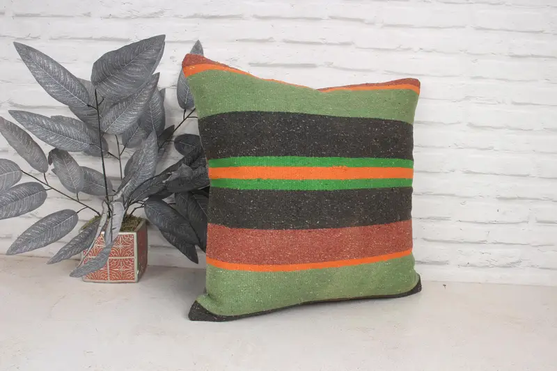 Ethnical Kilim Rug Pillow, Turkish Corner Pillow Sham, Pillow Cover, 20x20 Green Pillow Case, Home Decor Pillow, Antique Pillows - 3