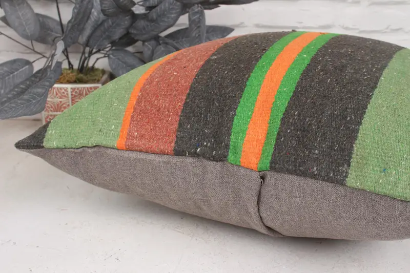 Ethnical Kilim Rug Pillow, Turkish Corner Pillow Sham, Pillow Cover, 20x20 Green Pillow Case, Home Decor Pillow, Antique Pillows - 7