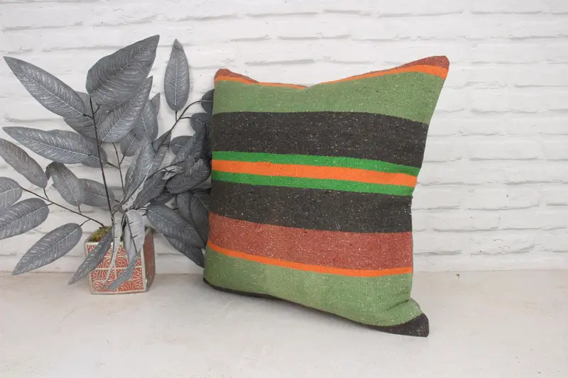 Ethnical Kilim Rug Pillow, Turkish Corner Pillow Sham, Pillow Cover, 20x20 Green Pillow Case, Home Decor Pillow, Antique Pillows - 4
