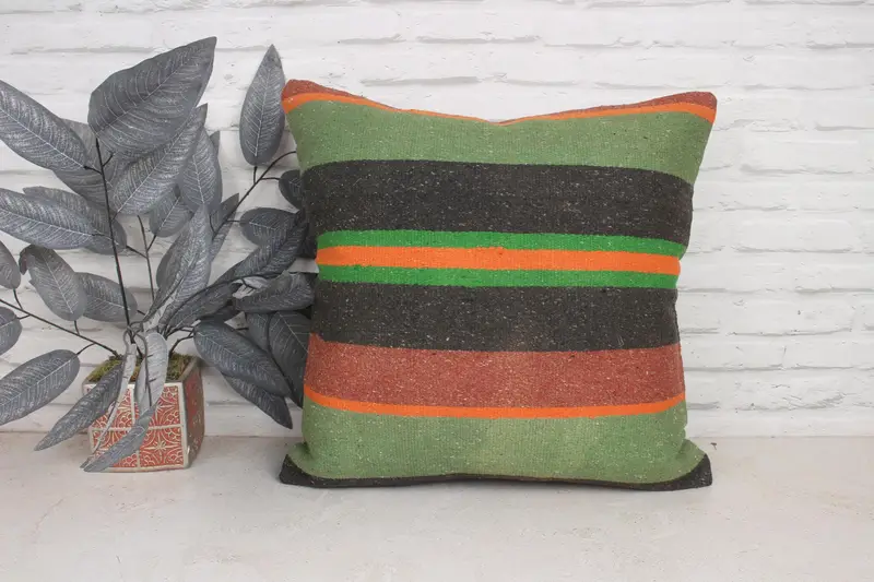 Ethnical Kilim Rug Pillow, Turkish Corner Pillow Sham, Pillow Cover, 20x20 Green Pillow Case, Home Decor Pillow, Antique Pillows - 1