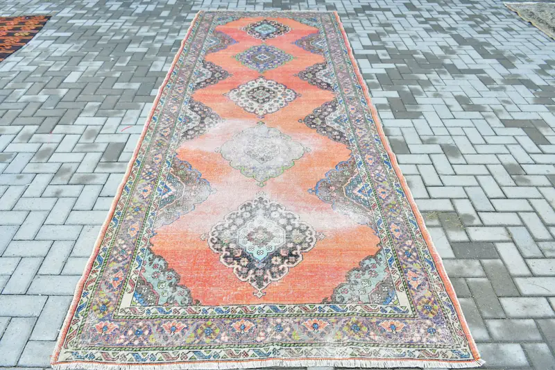 5.1x13.3 ft Vintage Halı, Türk Yolluk Halısı, Turuncu Mavi Çizgili Halı - 1