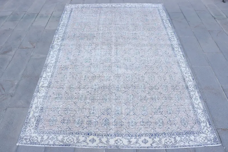 6.9x10.6 ft Rug, Turkish Oushak Rug, Vintage Blue Wool Southwestern Rug - 1