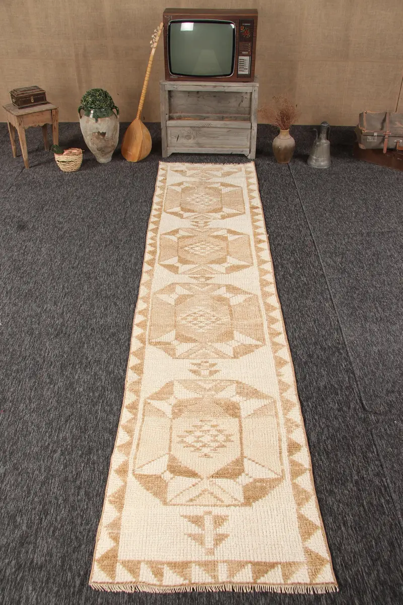 Türkischer 2,6x11,2 ft Teppich, Herki Vintage Teppich, Beige Paisley Wollteppich - 1