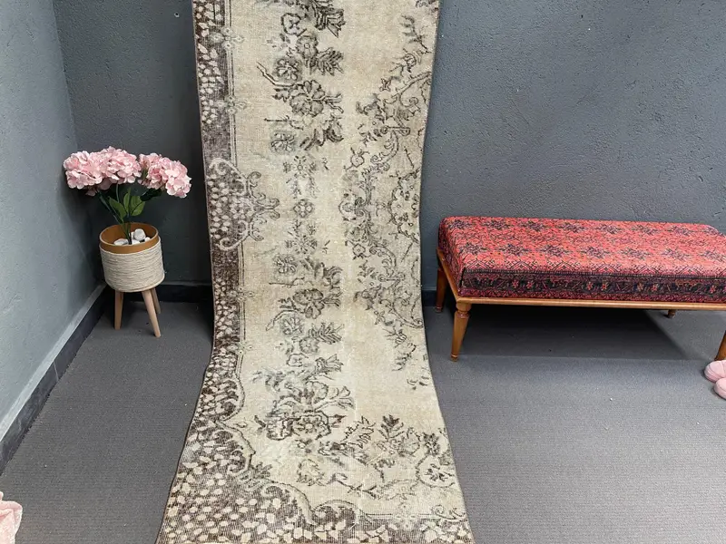 2.8x9.3 ft Vintage Oushak Rug, Turkish Rug, Brown Oriental Wool Rug - 1