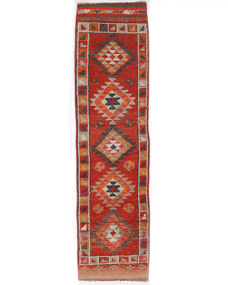 Kırmızı, Turuncu Bordürlü Halı, 2,5x9,7 ft Şık Dekor