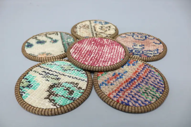 Blue and Green Kilim Coaster, Handcrafted Wool and Leather Coaster