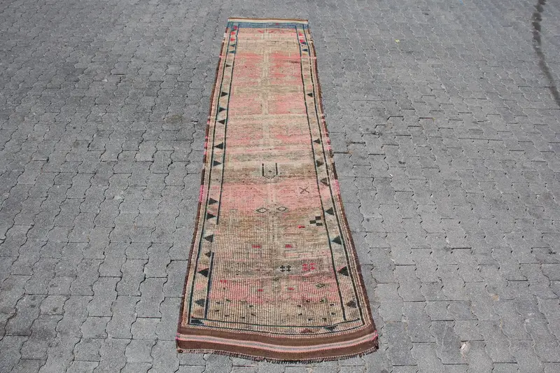 2.7x11.3 ft Turkish Runner Rug, Vintage Brown Solid Rug - 1