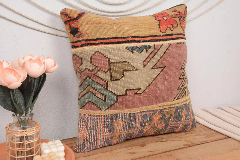 Rosa & Beige Patchwork Kissen, 20x20 handgemachtes besticktes Kissen