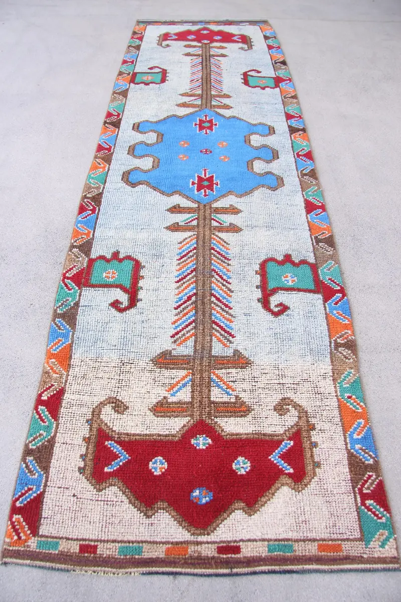 Blue Floral Rug, 3,4x11,6 ft Elegant Decor