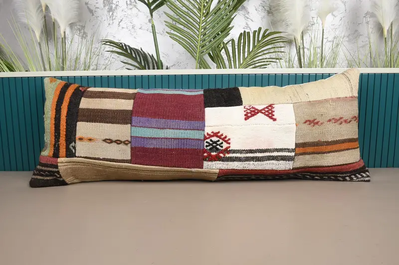 Beige & Lila Patchwork Kissen, 16x42 handgemachtes Kissen