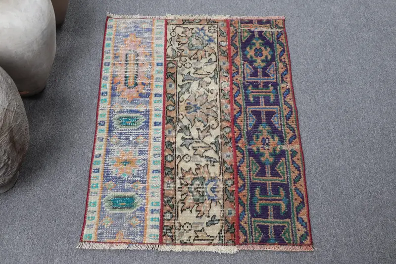 Türk Küçük Halı 2.1x2.8 ft, Vintage Oushak Mavi Kareli Yün Halı - 1