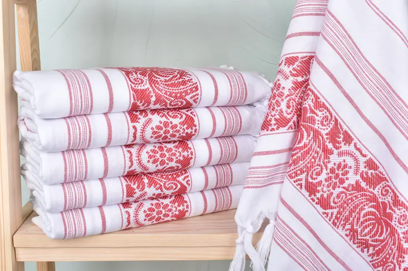 Monogram Beach Towel Red Patterned Animal, Organic Cotton/Linen, 40x66 Inches