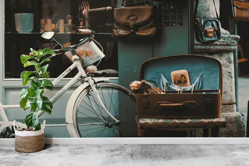 Vintage Bisikletçi Baskılı Duvar Kağıdı: Zarif Şehir Sokak Görünümü