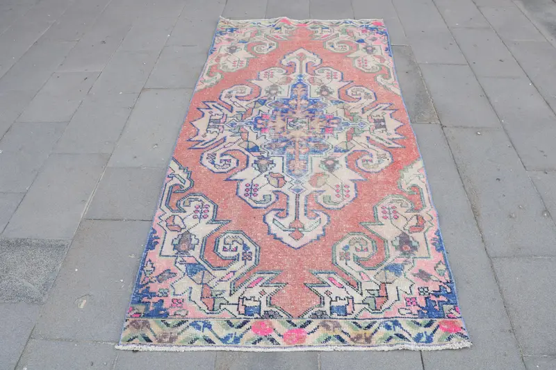 3.5x7.4 ft Rug, Vintage Turkish Area Rug, Red Oushak Wool Rug - 1