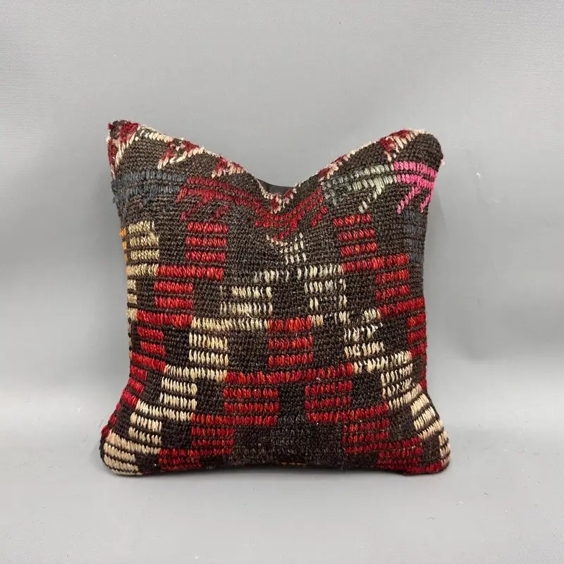 Natural Cushion, Turkish Pillow, Tribal Cushion, Boho Pillow, 12x12 Red Pillow Cover, Cushion Cover, Vintage Kilim Throw Pillow - 1