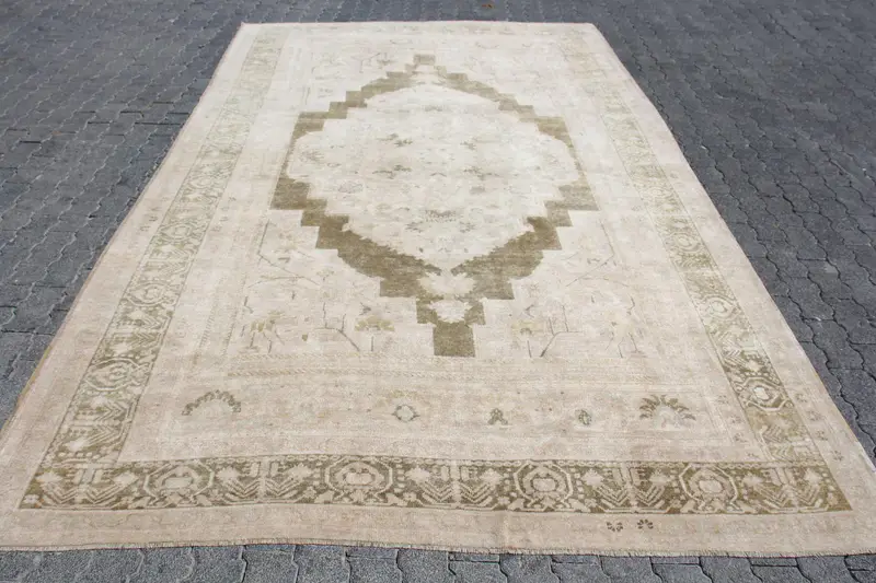 7x11.7 ft Oversize Turkish Rug, White Floral Vintage Rug - 1