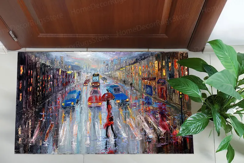 エレガントな雨の日の街並みプリントラグ - モダンな家の装飾