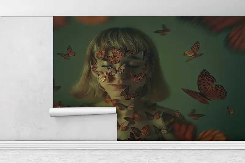 Girl With Butterflies, Surrealism Wall Paper, Modern Wall Painting, Surreal Wall Art, Abstract Wallpaper, - 1