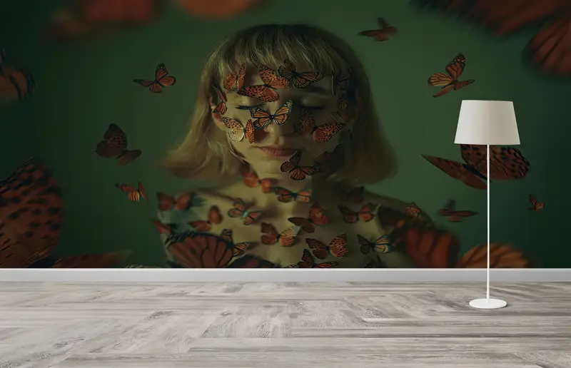 Girl With Butterflies, Surrealism Wall Paper, Modern Wall Painting, Surreal Wall Art, Abstract Wallpaper, - 2