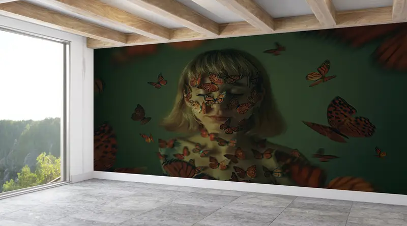 Girl With Butterflies, Surrealism Wall Paper, Modern Wall Painting, Surreal Wall Art, Abstract Wallpaper, - 4