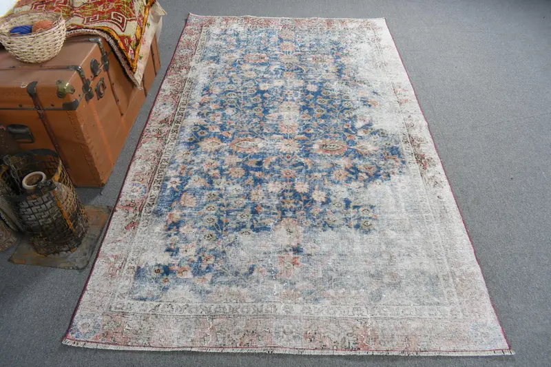 ブルーペルシャ絨毯、4.5x7.6フィート、オレンジアクセント付き