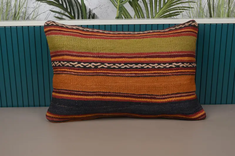 Turkish Striped Pillow Cover, Orange Moroccan 16x24 inch Cushion Cover - 1