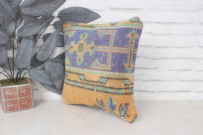 Aztec Pillow, Vintage Kilim Pillow, 14x14 Yellow Cushion Case, Throw Kilim Pillow, Aesthetic Pillow Cover, Pillow, Patio Cushion Case, Boho Pillow - 4