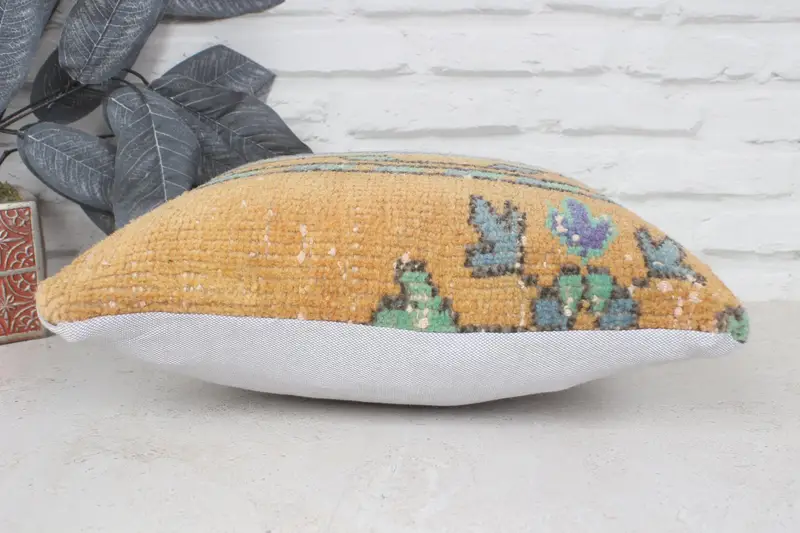 Aztec Pillow, Vintage Kilim Pillow, 14x14 Yellow Cushion Case, Throw Kilim Pillow, Aesthetic Pillow Cover, Pillow, Patio Cushion Case, Boho Pillow - 5