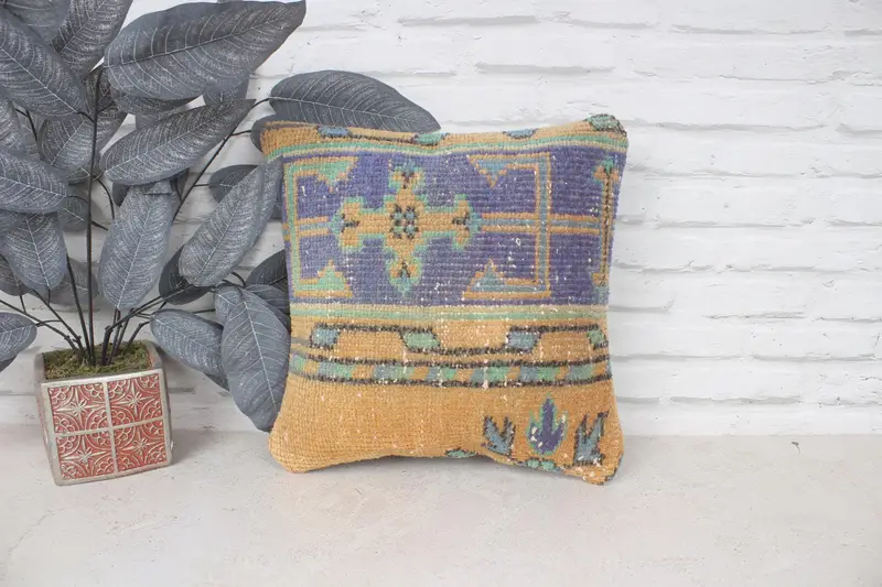 Aztec Pillow, Vintage Kilim Pillow, 14x14 Yellow Cushion Case, Throw Kilim Pillow, Aesthetic Pillow Cover, Pillow, Patio Cushion Case, Boho Pillow - 1