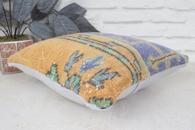 Aztec Pillow, Vintage Kilim Pillow, 14x14 Yellow Cushion Case, Throw Kilim Pillow, Aesthetic Pillow Cover, Pillow, Patio Cushion Case, Boho Pillow - 6