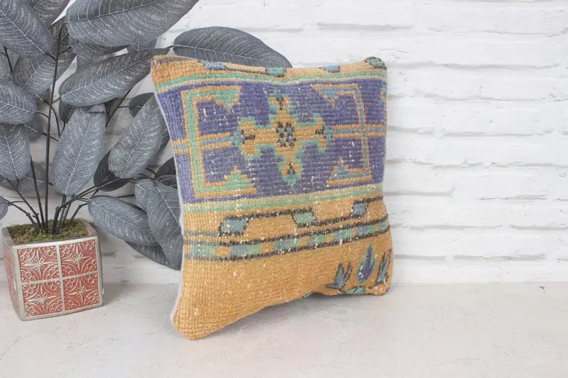 Aztec Pillow, Vintage Kilim Pillow, 14x14 Yellow Cushion Case, Throw Kilim Pillow, Aesthetic Pillow Cover, Pillow, Patio Cushion Case, Boho Pillow - 3