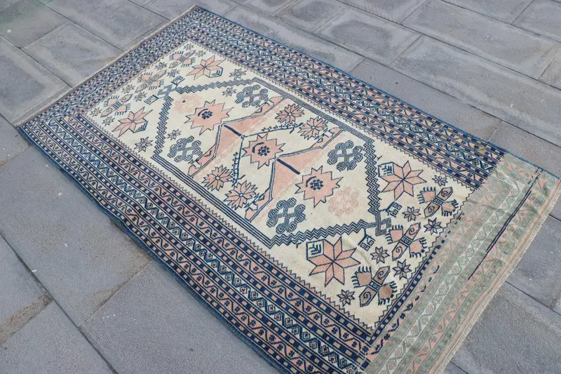 3.5x5.9 ft Rug, Vintage Turkish Rug, Blue Oushak Wool Rug - 1