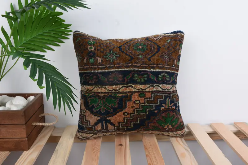 Throw Kilim Pillow, Pillow Sham, Vintage Kilim Pillow, Muted Pillow Sham, 14x14 Brown Pillow Cover, Antique Pillows, Farmhouse Pillow Case - 1