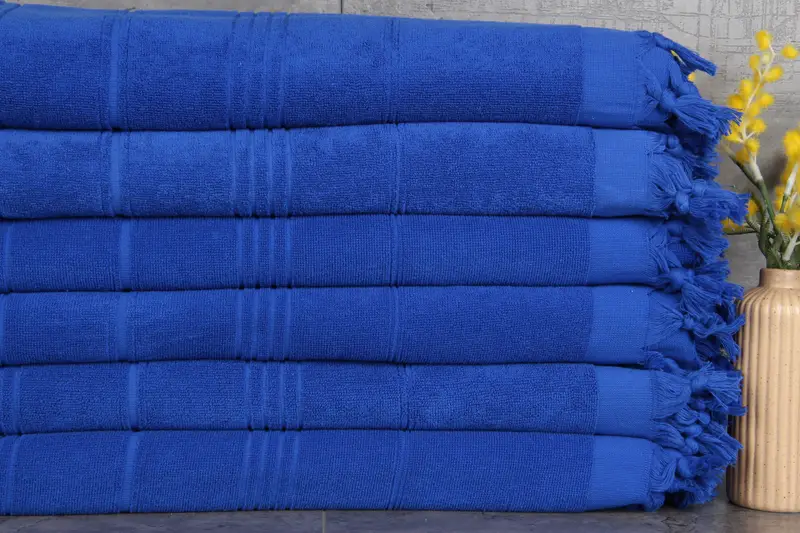 Turkish Towel Sax Blue Striped Terry Towel, 36x71 Inches