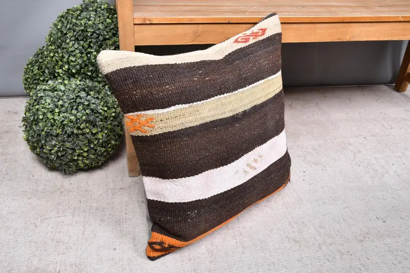 Pillow, Kilim Pillow, Pastel Pillow Sham, Handmade Rug Seat Pillow Cover, 20x20 Brown Pillow, Vintage Kilim Pillow, Home Decor Pillow - 7