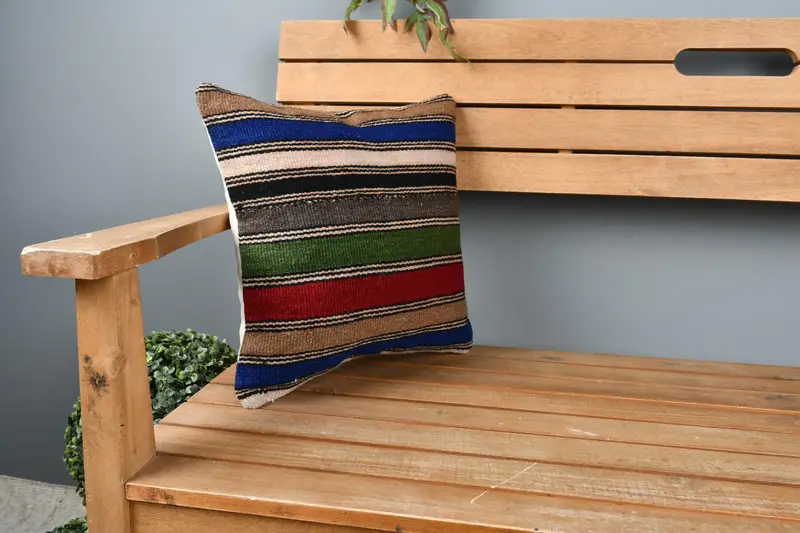 Ethnical Kilim Rug Pillow, 14x14 Red Pillow Case, Pillow, Vintage Pillow, Aesthetic Cushion Cover, Natural Pillow Case, Handmade Kilim Cushion - 1