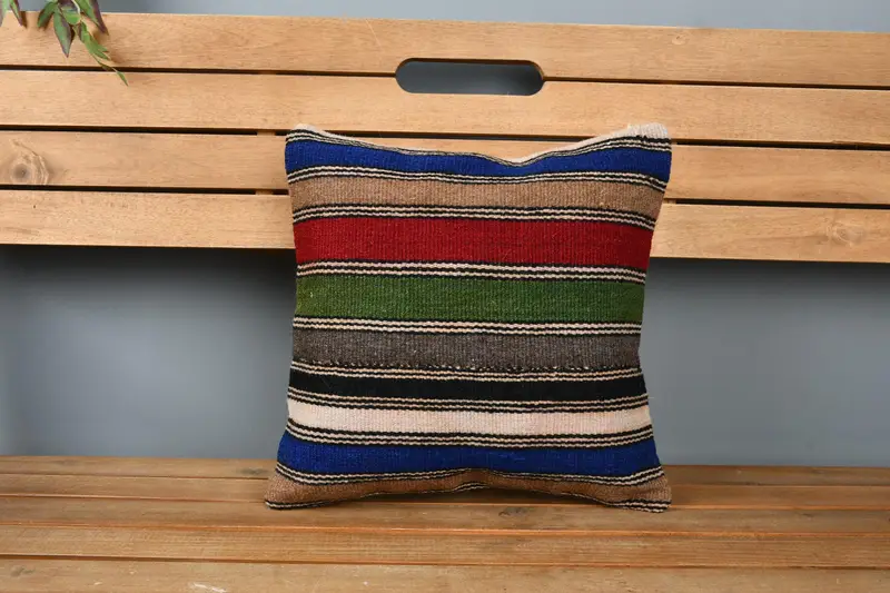 Ethnical Kilim Rug Pillow, 14x14 Red Pillow Case, Pillow, Vintage Pillow, Aesthetic Cushion Cover, Natural Pillow Case, Handmade Kilim Cushion - 6