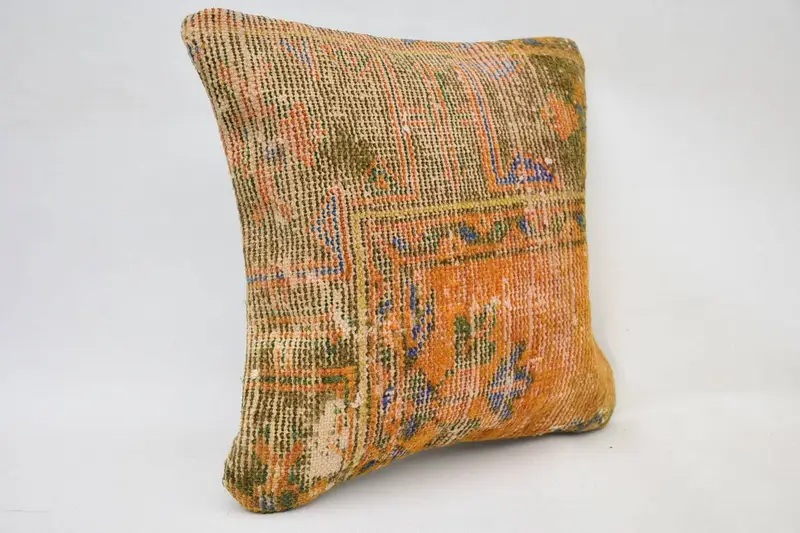 Pattern Throw Pillow Cover, Home Decor Pillow, Seat Pillow Sham, Kilim Pillow, Ethnical Kilim Rug Pillow, 16x16 Orange Pillow Case, Pillow Case - 2